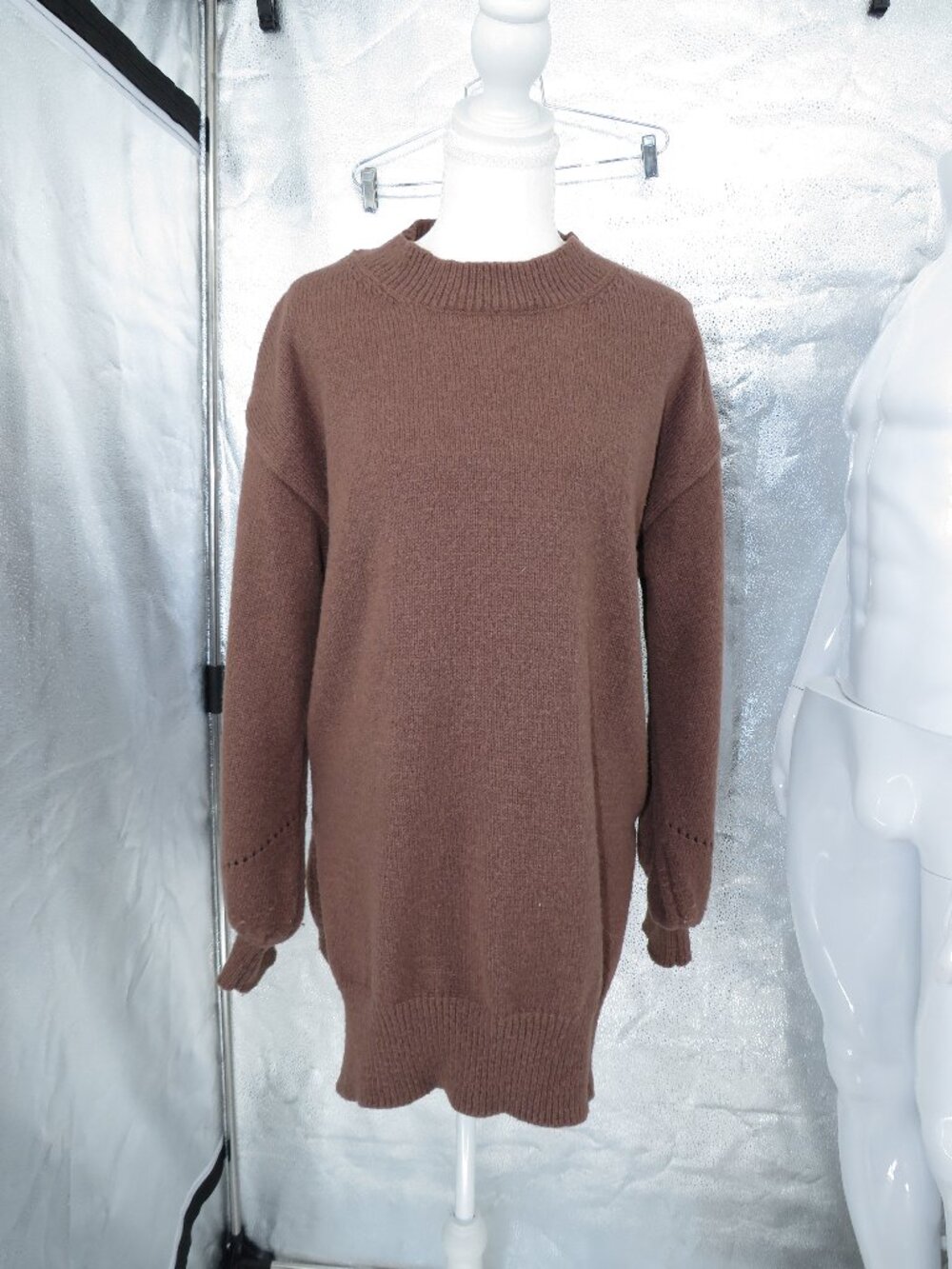 Brown Knit Sweater Dress Oversized Long Sleeve Pullover Tunic Brown One Size